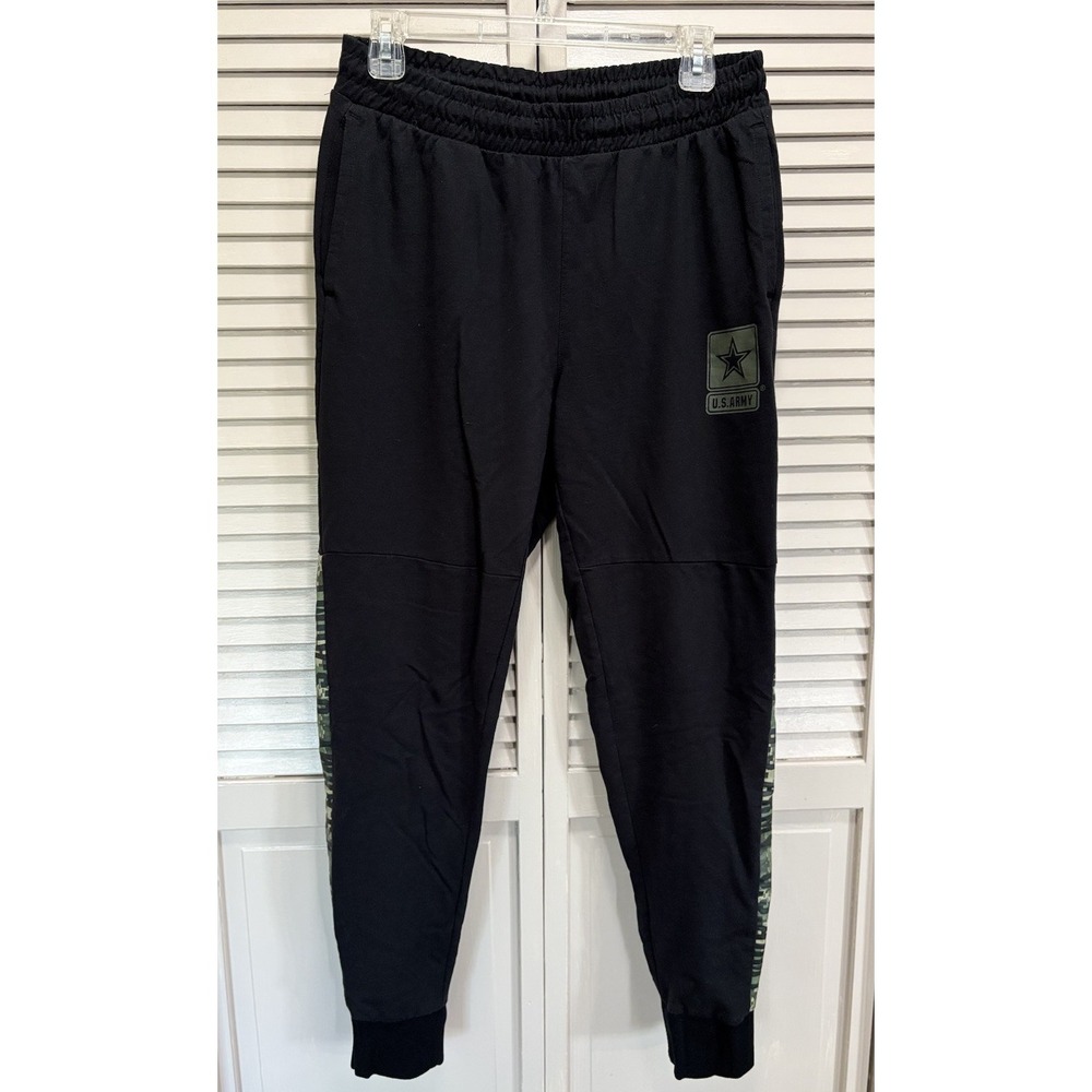 Army Military Jogger Sweatpants Blk/Camo Elastic Tie Waist‎ Sz M Pockets Logo
